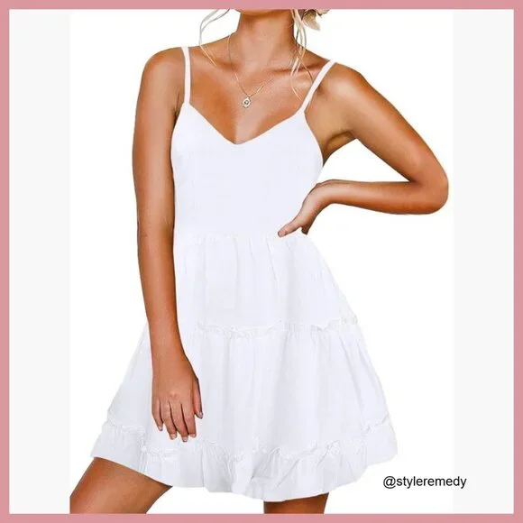 Floral Tiered Mini Dress Spaghetti Strap V Neck Backless with Pockets - Picture 1 of 7